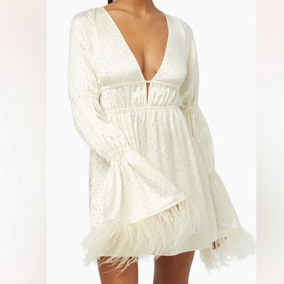 Ivory WeWoreWhat Feathered Mini Dress jeweled open back sz.XL Like New - Picture 1 of 7